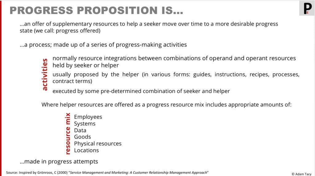 Definition of a progress proposition as a set of activities integrating with a service mix