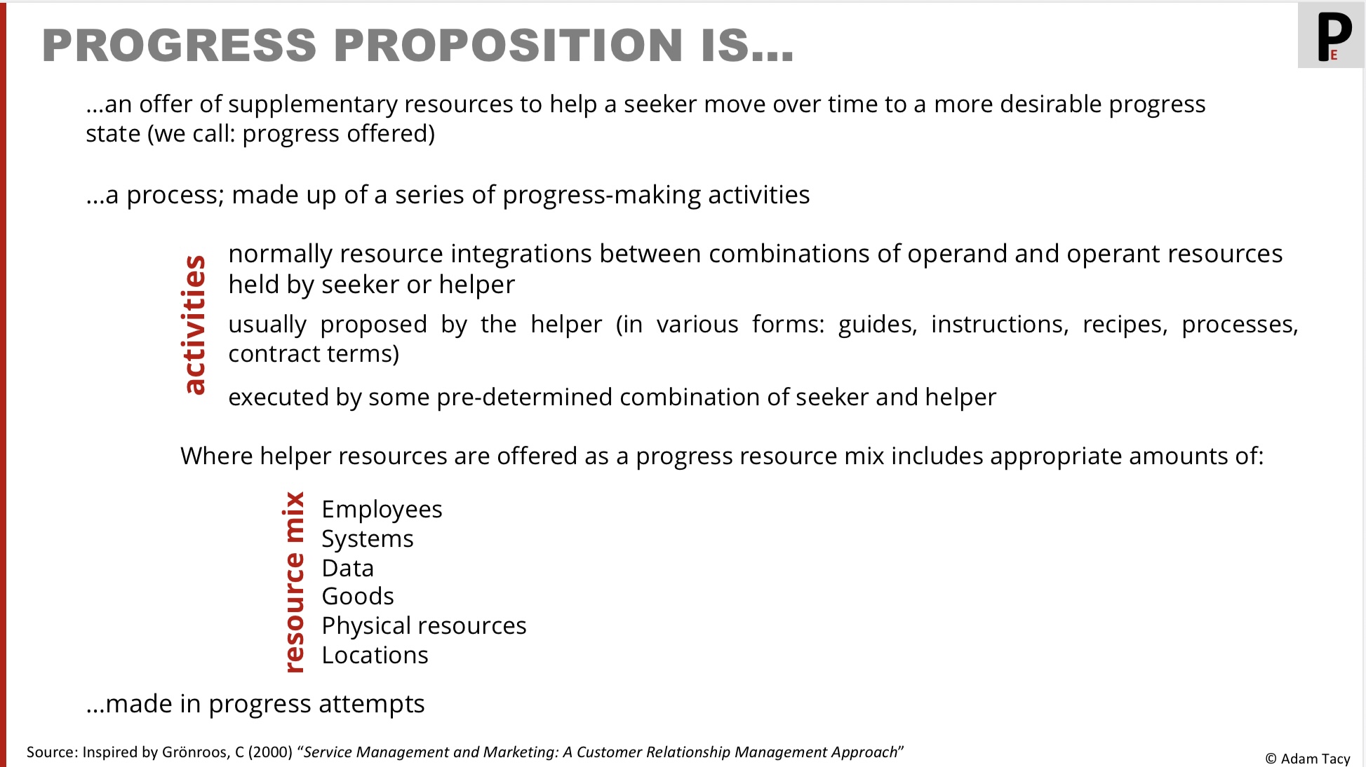 Definition of a progress proposition as a set of activities integrating with a service mix
